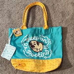 Teal and Yellow Tote Bag with Pug Design